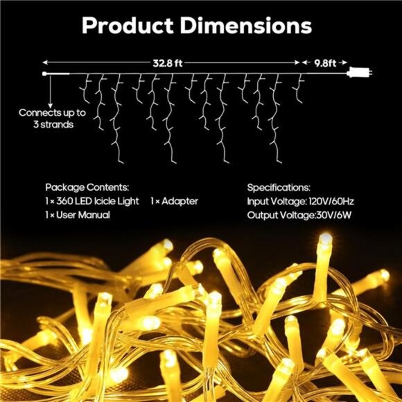32.8FT Icicle Lights, 8 Modes Warm White Christmas Lights...